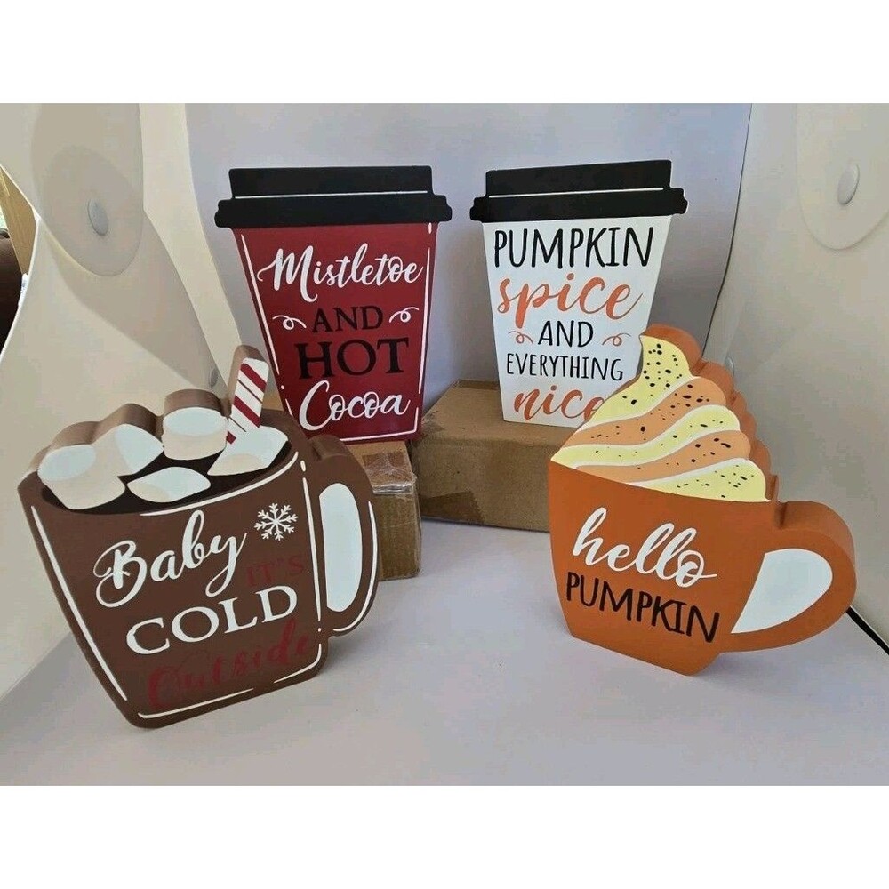 S/4 Coffee Cup Wood Block Autumn & Winter Signs, Fall Table Centerpiece